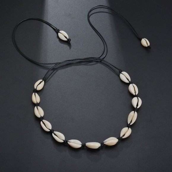 Jewelry - Cowrie Shell Choker Boho Black String Necklace Surfer Beach Conch Puka, Hawaiian